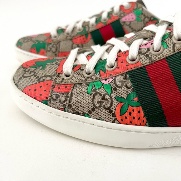 GUCCI || Ace Strawberry GG Supreme Monogram Web Striped Sneakers US 8 EU 38 - Picture 13 of 16